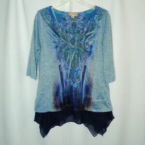 Live and Let Live Embellished Tunic Blouse 3/4 Slve Relaxed Fit Top Womens Med